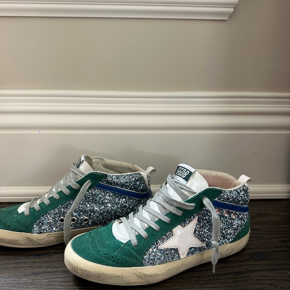Golden Goose Mid Star Green Glitter White Sneakers Size EU 38